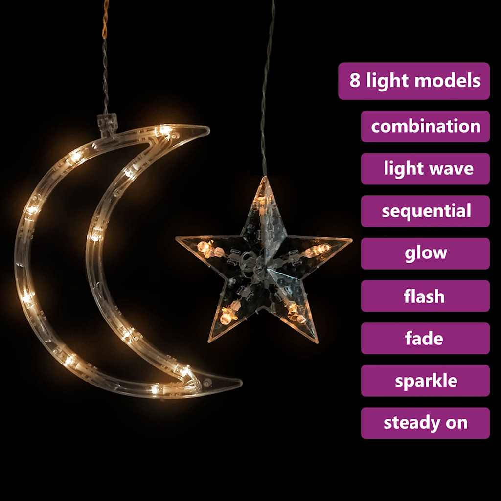 Star & Moon LED Curtain Lights – 138 LEDs | Christmas Lights with Remote Control & USB (2m x 0.9m)