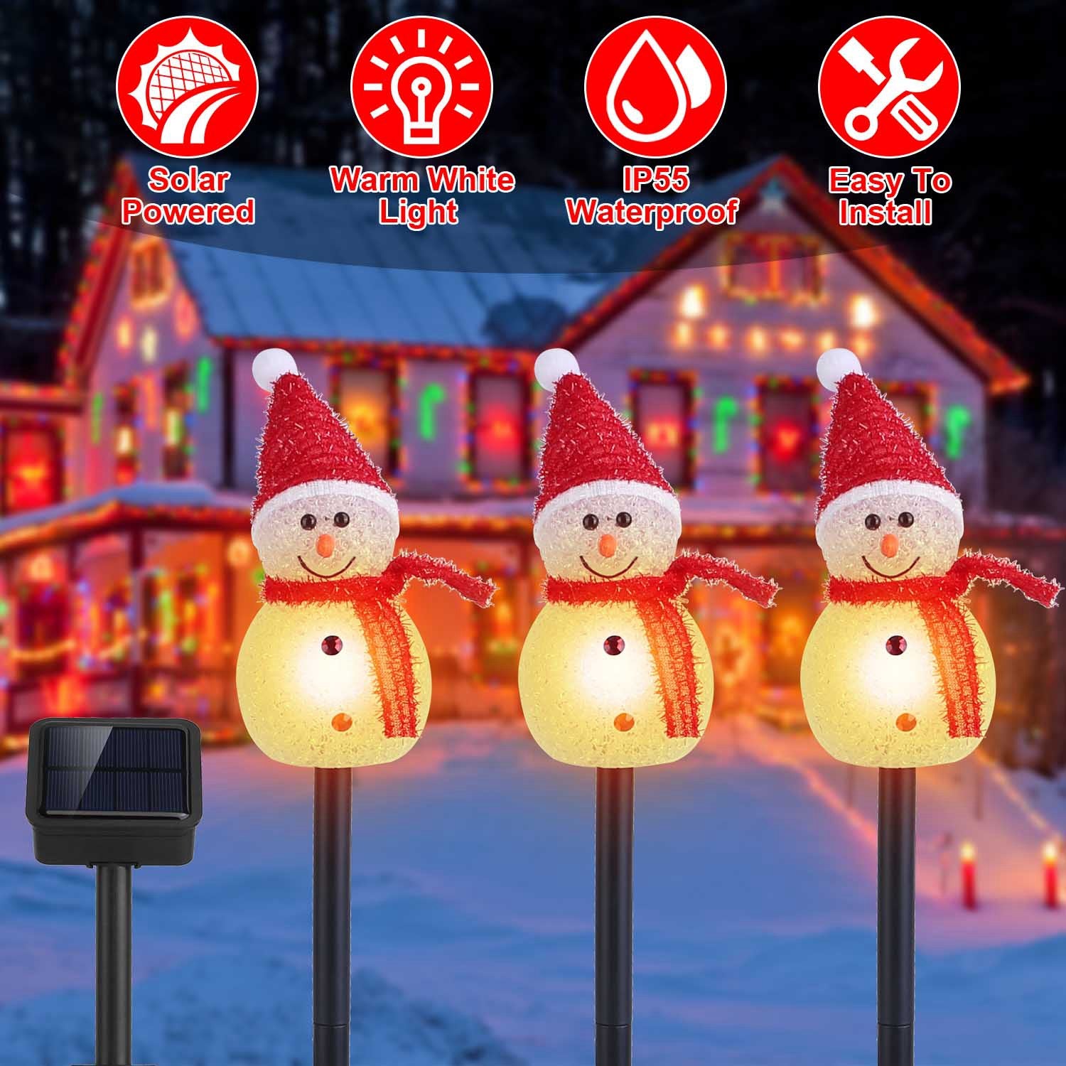 Solar-Powered Christmas Snowman Garden Lights – 3-Piece Warm White LED Waterproof Outdoor Holiday Stakes