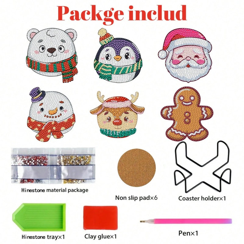 6-Piece Christmas Diamond Art Coaster Set – DIY Rhinestone Craft Kit with Holder