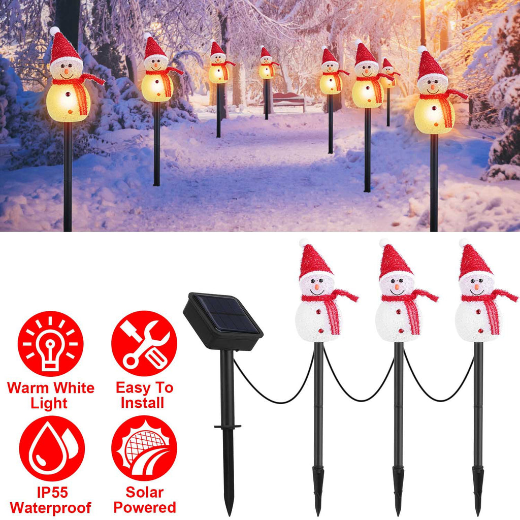 Solar-Powered Christmas Snowman Garden Lights – 3-Piece Warm White LED Waterproof Outdoor Holiday Stakes