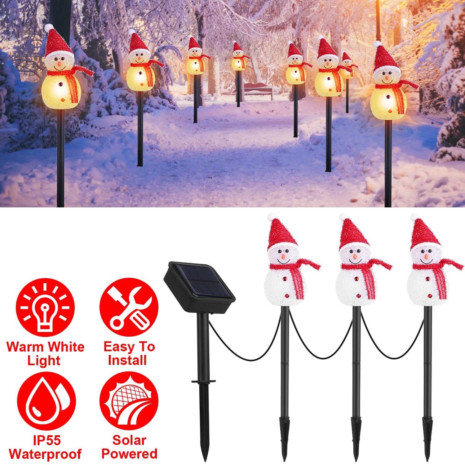 Solar-Powered Christmas Snowman Garden Lights – 3-Piece Warm White LED Waterproof Outdoor Holiday Stakes