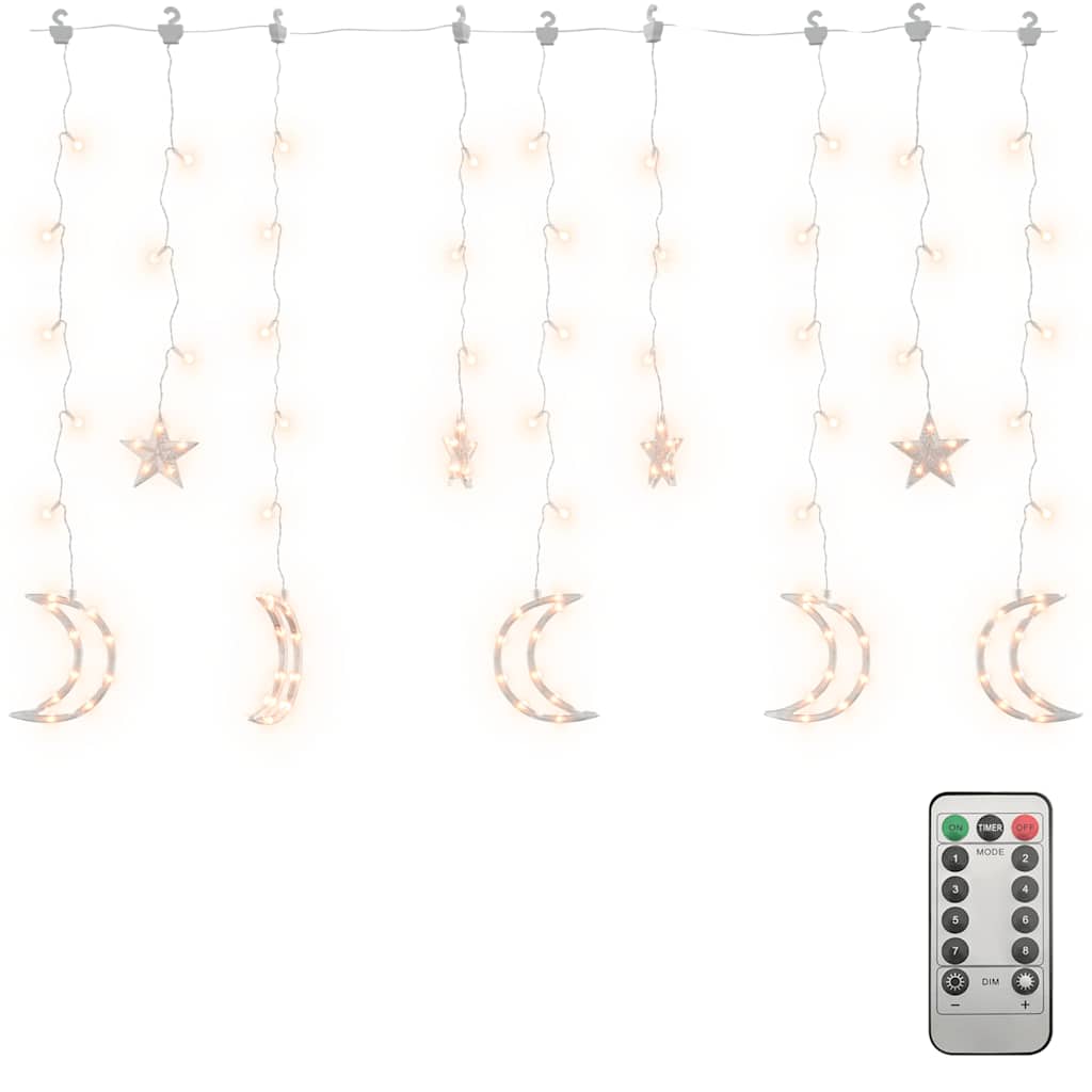 Star & Moon LED Curtain Lights – 138 LEDs | Christmas Lights with Remote Control & USB (2m x 0.9m)