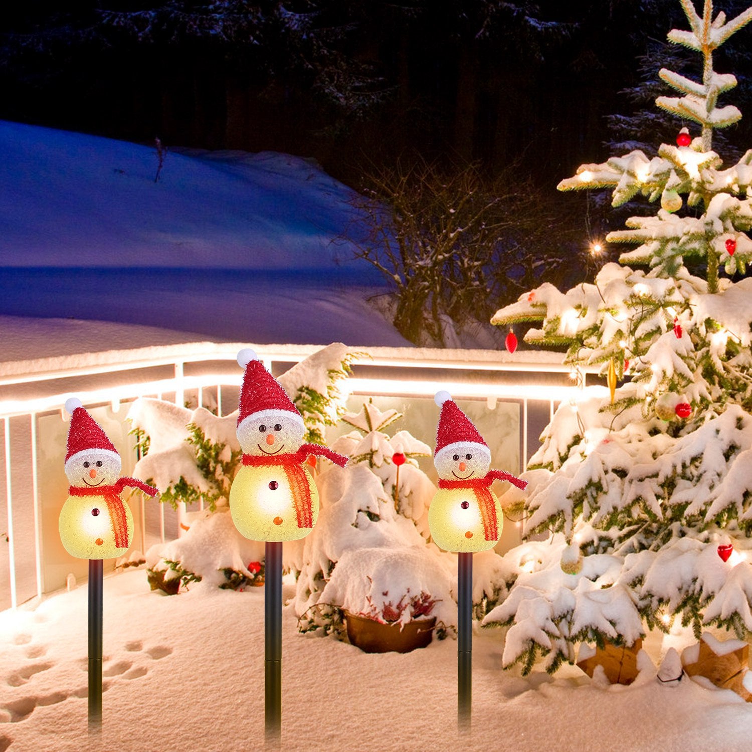Solar-Powered Christmas Snowman Garden Lights – 3-Piece Warm White LED Waterproof Outdoor Holiday Stakes