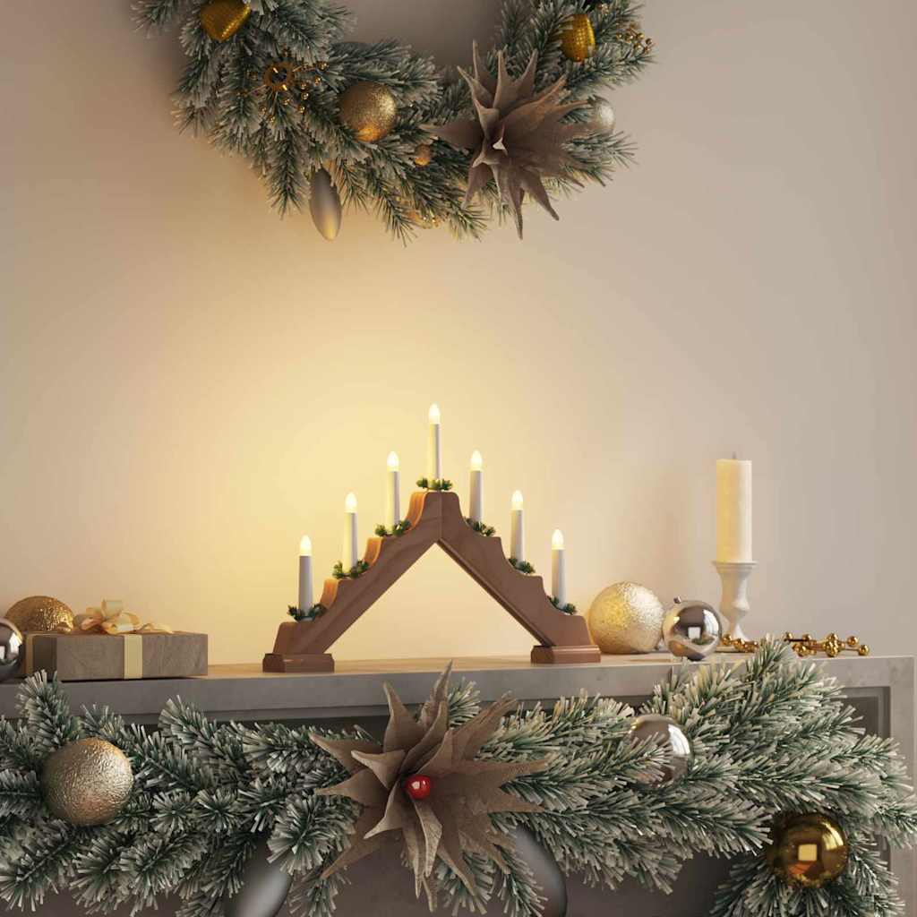Christmas Candle Bridge with 7 LED Lights – Classic Window Decoration in Natural Wood