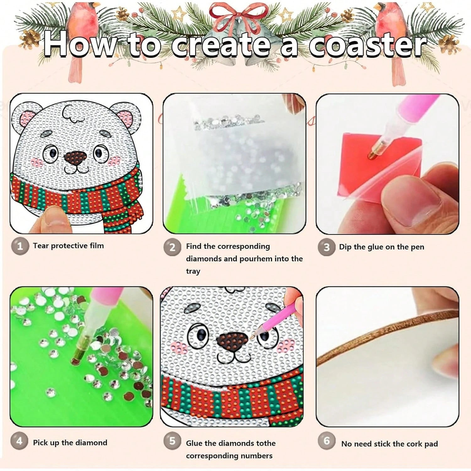 6-Piece Christmas Diamond Art Coaster Set – DIY Rhinestone Craft Kit with Holder