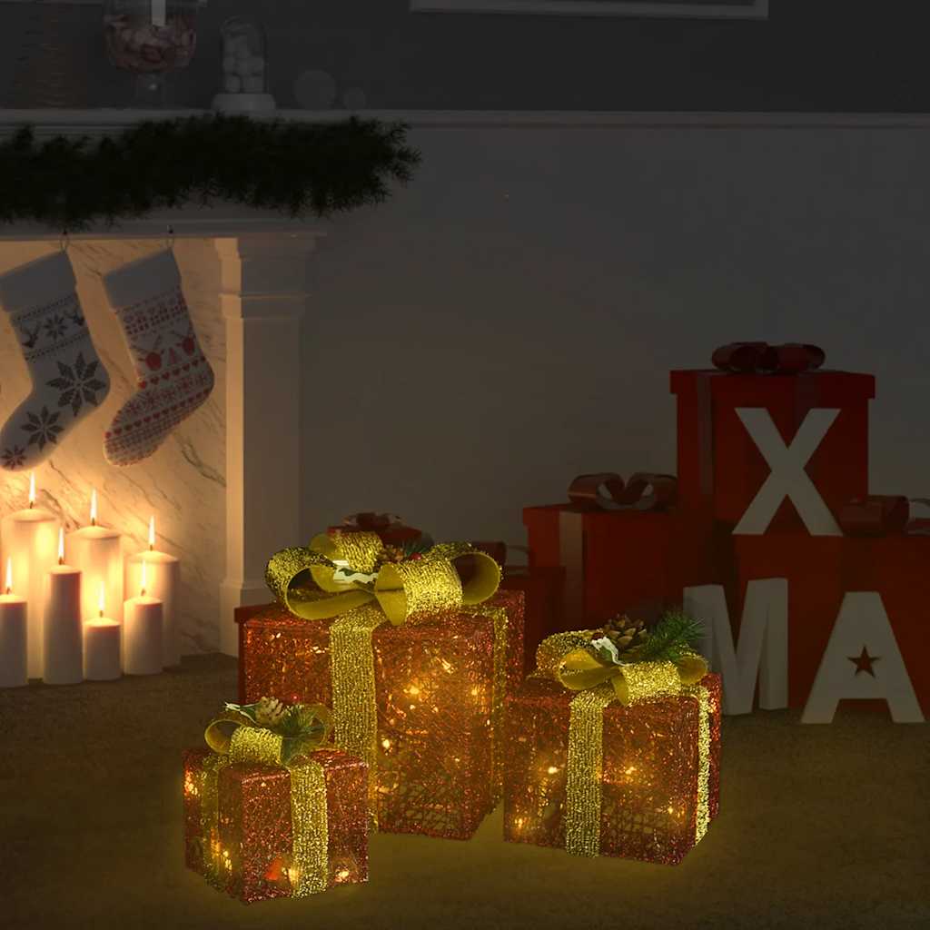 LED Gift Boxes – 3-Piece Lighted Set (Indoor/Outdoor) – Christmas Decoration with 8 Light Effects